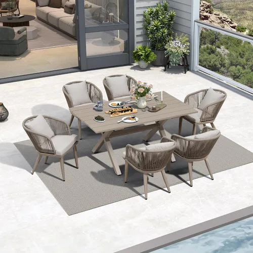 Vista 2 de PURPLE LEAF Juego de muebles para patio de 7 piezas, juego de mesa y sillas de mimbre para exteriores, marco rectangular de aluminio para jardín