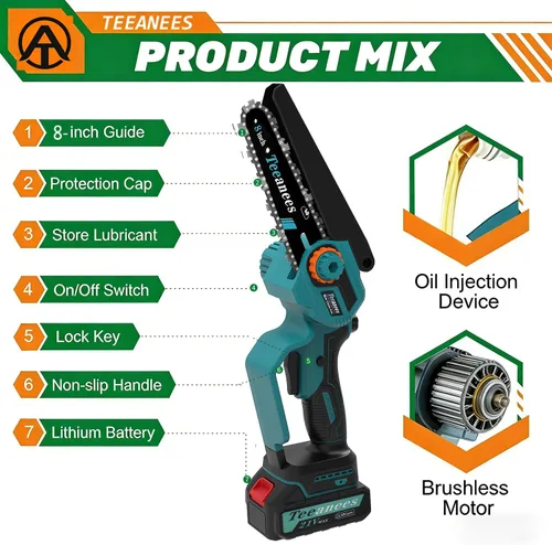 Vista 7 de Motosierra eléctrica inalámbrica de 8 pulgadas con baterías de 2 x 4.0 AH, motosierra de mano a batería para poda de árboles, corte de madera y Azul