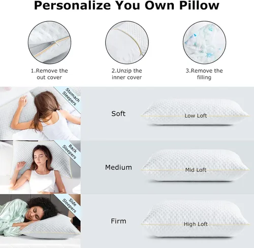 Vista 4 de Juego de 2 almohadas para dormir de lado, tamaño Queen, para dolor de cuello y hombros, almohadas ajustables de espuma viscoelástica para dormir