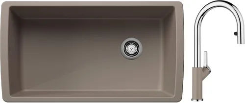 Vista 11 de BLANCO Diamond SILGRANIT - Fregadero de cocina súper individual con grifo de cocina desplegable Urbena a juego de color, color antracita
