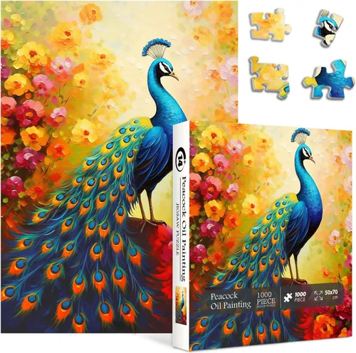 Vista 2 de Rompecabezas vintage de pavo real para adultos de 1000 piezas, rompecabezas de jardín de pájaros coloridos, rompecabezas de animales de flores