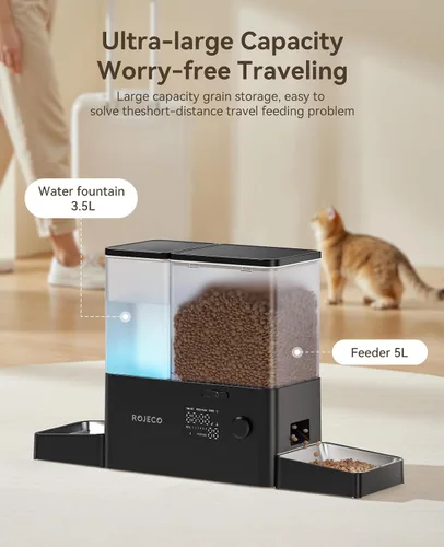 Vista 6 de Rojeco Dispensador Automático para Mascotas de 36 Tazas/8.5L y Dispensador de Agua por Gravedad, Juego de Cuencos de Acero Inoxidable 2-en-1 de Gran