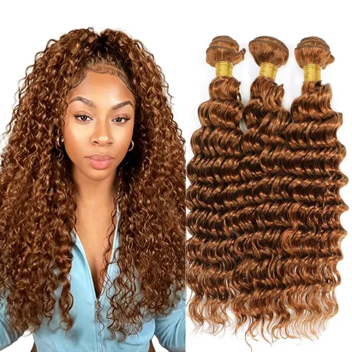 Vista 28 de P4613 Cabello humano rizado onda profunda marrón y paquetes mixtos 8 10 12 P4613 Ombre Marrón-Rubio-DP