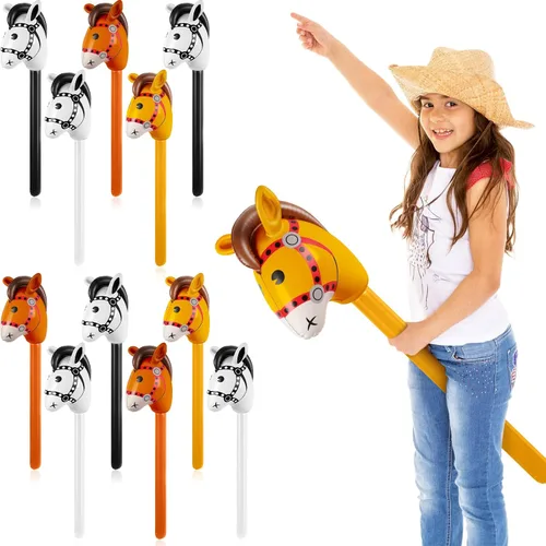 Vista 10 de Chivao 12 piezas inflables de palo de caballo linda cabeza de caballo, globo inflable colorido vaquero vaquera decoración de fiesta para fiesta Negro