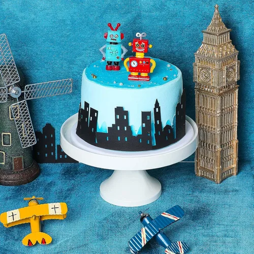 Vista 5 de 4 piezas de decoración de borde de pastel de edificio de ciudad, pegar o acostarse, fiesta de cumpleaños Hero Skyscraper Black Cakes Wrap, telón