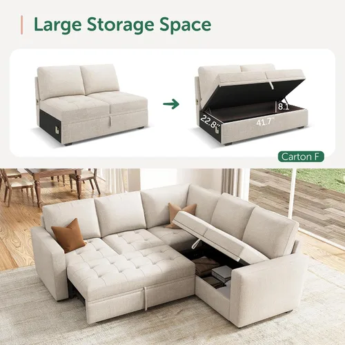 Vista 3 de HONBAY Sofá cama modular modular con cama extraíble, sofá en forma de L con asiento de almacenamiento, sofás seccionales para sala de estar, beige