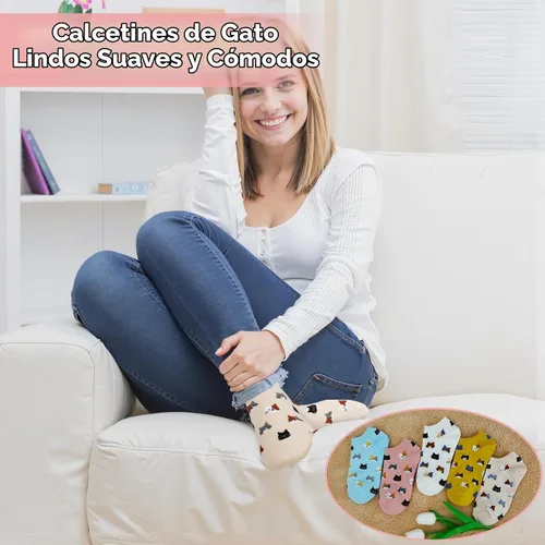 Vista 4 de Justay 5 pares de calcetines de gato - lindos calcetines de algodón de novedad divertidos con diseño de animales para tobillo para mujer, regalos