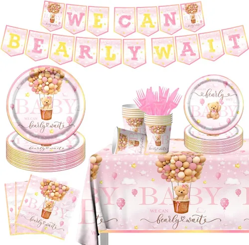 Vista 7 de Baby Bear - Vajilla de revelación de género, 122 piezas, platos y servilletas, tazas, mantel de oso para niños o niñas, suministros de fiesta