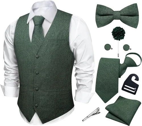 Vista 9 de DiBanGu Conjunto de corbata con cremallera y chaleco de lino para hombre Negro