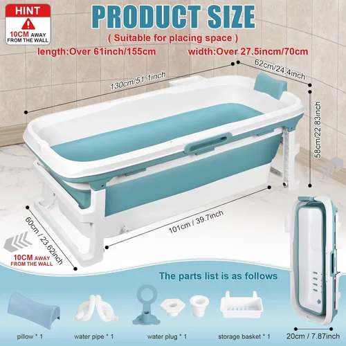 Vista 2 de Bañera plegable portátil de 51 pulgadas para adultos con cubierta térmica Rosa
