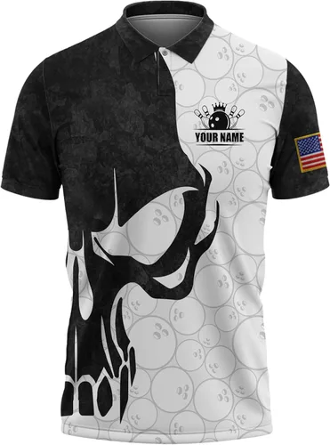 Vista 2 de Camiseta polo de boliche personalizada para hombre, bola de bolos y alfileres de bandera americana, camiseta básica de golf My Bowling Artículo