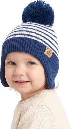 Vista 16 de C.C Gorro de Bebé con Doble Pompón de Piel con Orejeras para Niños y Niñas - Gorro de Punto Skully Cómodo, Suave y Cálido para Bebés, Niños Pequeños