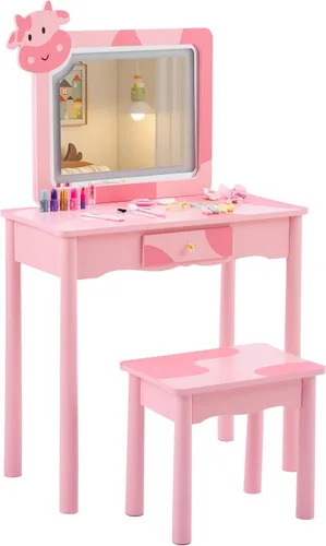 Vista 6 de ShyneeMakeup - Juego de tocador de madera de princesa con taburete acolchado, cajón, patas de madera y espejo, juego de maquillaje para niñas