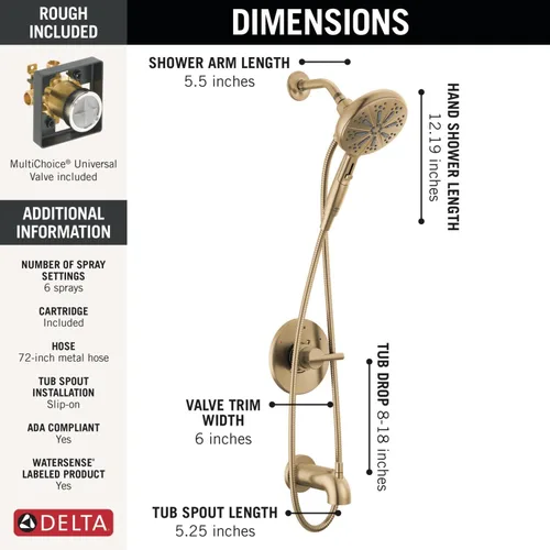Vista 3 de Delta Nicoli 14 Series - Juego de grifo de ducha de bañera dorado cepillado con cabezal de ducha de mano, kit de ajuste de válvula, bronce champán