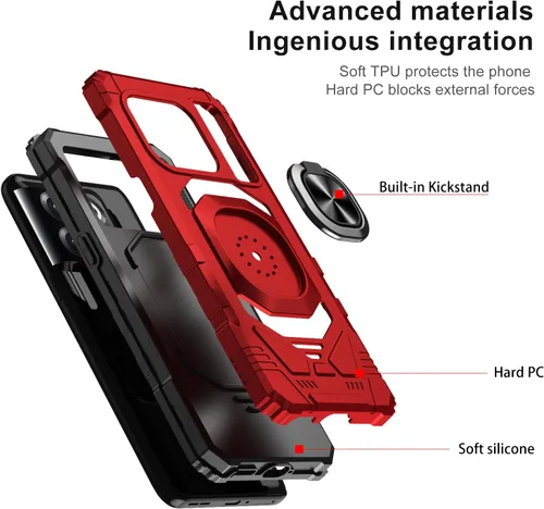 Vista 5 de Funda para OnePlus 10T 5G con protector de pantalla de vidrio templado, con soporte magnético para anillo de automóvil, funda resistente (rojo)