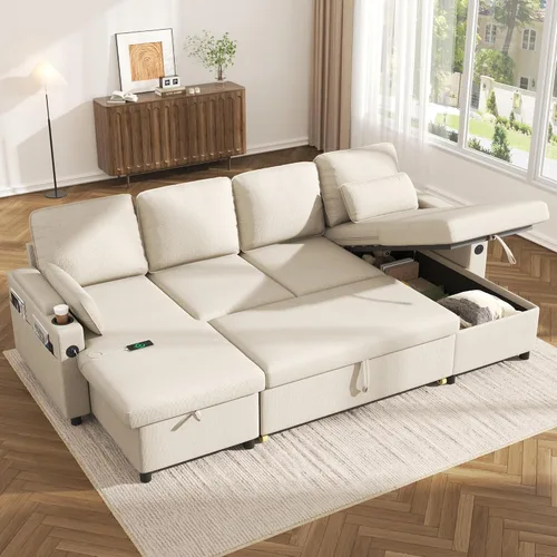 Vista 9 de Sofá cama extraíble 2 en 1 sofá cama seccional sofá en forma de L con almacenamiento Sofás convertibles para sala de estar, puertos de carga USB