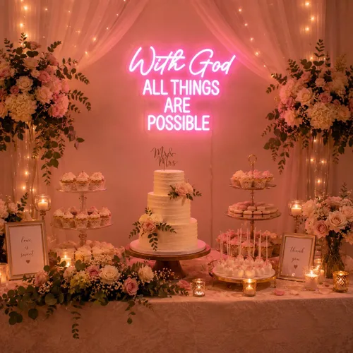 Vista 6 de Letrero de neón con texto en inglés "With God All Things Are Possible" para decoración de pared, letrero de neón LED rosa, luz de neón regulable