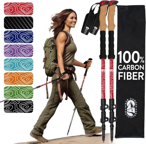 Vista 14 de 100% Carbon Fiber Trekking Poles by USA Brand - Ultra Strong Lightweight Collapsible Hiking Poles with Cork and EVA Foam Grips & Quick Adjustable