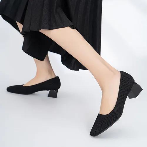 Vista 5 de youngshow Zapatos de tacón para mujer, cómodos tacones de punto para mujer, tacón grueso, puntera cerrada, sin cordones, para fiesta, oficina
