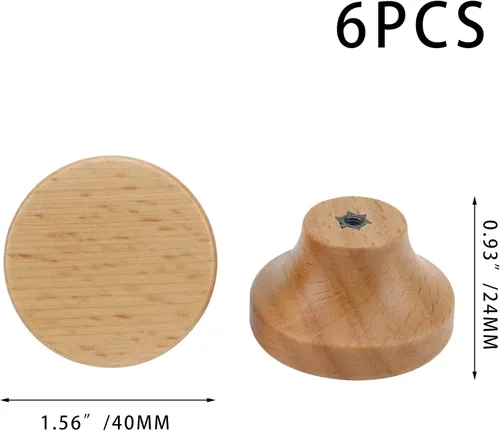 Vista 2 de 6 piezas de tiradores redondos de madera con orificio único para cajones, pomos de gabinete de 1.56" con un orificio, accesorios de hardware