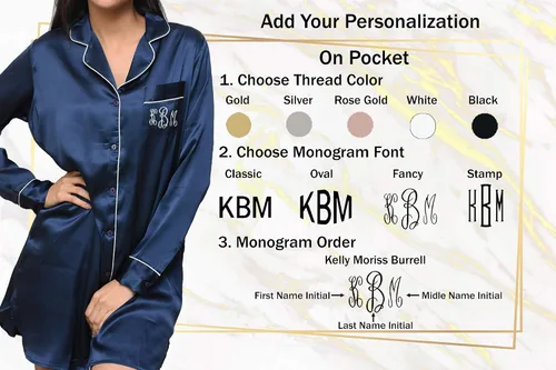 Vista 4 de BlushBridesCo Personalized Sleep Shirts for Women, Silky Satin Pajama Shirt, Button Down Nightwear XS-3XL