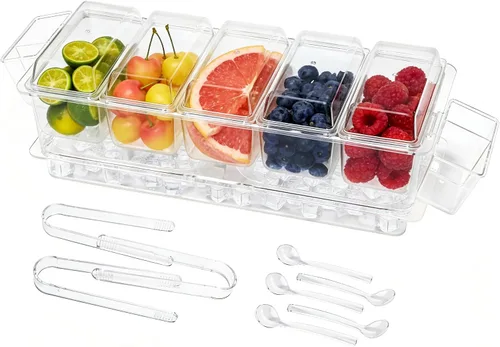 Vista 10 de 5 compartimentos para servir hielo Lazy Susan, plato de cóctel de camarones divididos con tapa, plato de plástico para tacos, bandeja fría