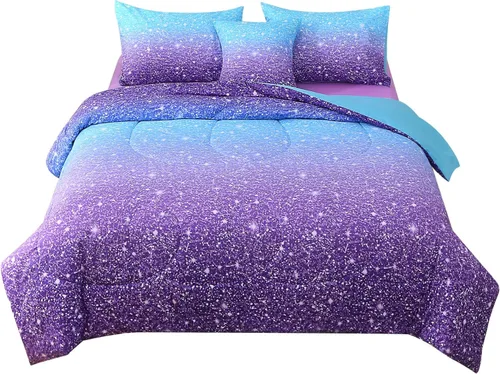 Vista 2 de JQinHome Juego de edredón con purpurina, tamaño individual, juego de ropa de cama en una bolsa de 6 piezas en 3D colorido degradado para niñas
