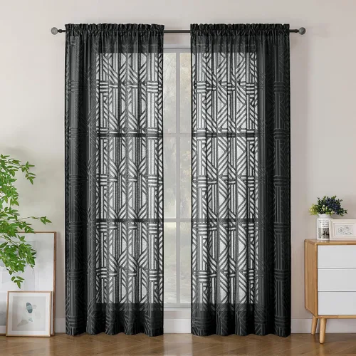 Vista 73 de Simplebrand Cortinas traslúcidas negras de cocina de 24 pulgadas de largo, 2 paneles, filtrado de luz, geométrico jacquard con textura, cortinas