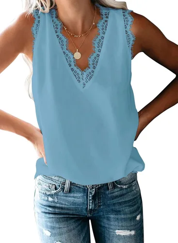 Vista 115 de VIISHOW - Camiseta sin mangas, sexy, con cuello en V y bordes de encaje para mujer, camisola de vestir, camisas de gasa, sin mangas, casuales