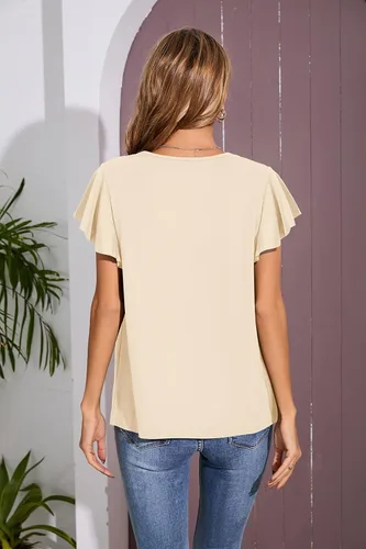 Vista 2 de Iandroiy Blusa plisada básica con cuello en V y volantes para mujer