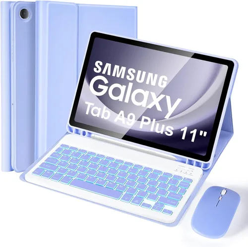 Vista 11 de Funda de teclado para Samsung Galaxy Tab A9 8.7" 2023, retroiluminación de 7 colores, funda de teclado inalámbrico desmontable con soporte para S