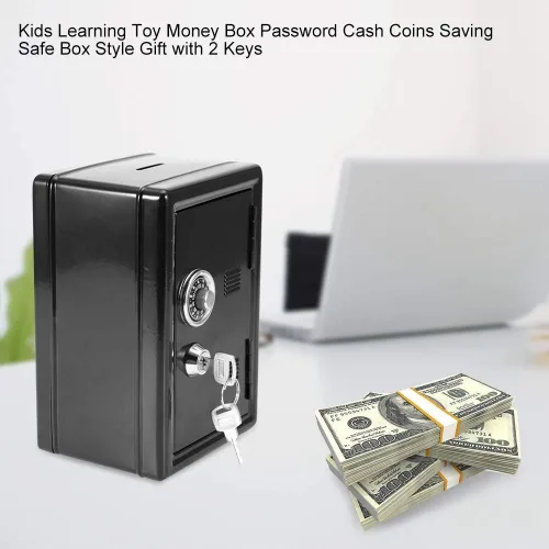 Vista 3 de Yosoo Caja de dinero para niños, caja de dinero, contraseña, monedas, ahorro de caja fuerte, estilo caja de regalo, con 2 llaves (negro)