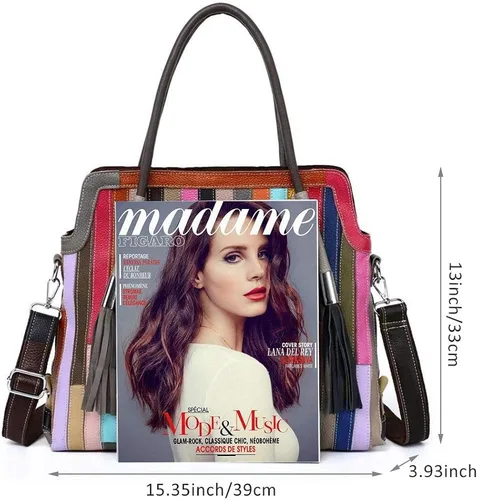 Vista 2 de Bolso Boston multicolor para mujer, de cuero genuino, colorido, grande, bolso de mano