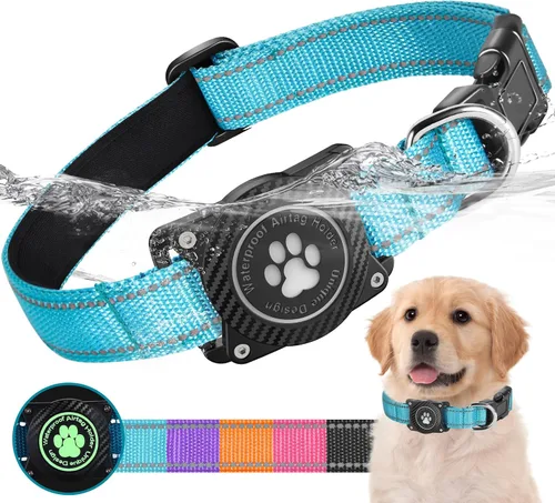 Vista 9 de Airtag - Collar para perro, collar de nailon con soporte impermeable para AirTag, collar luminoso reflectante ajustable para mascotas para perros