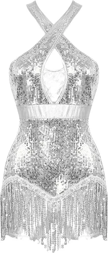 Vista 3 de iiniim Leotardo de jazz con lentejuelas para mujer, con flecos, borla para baile latino, ropa de baile