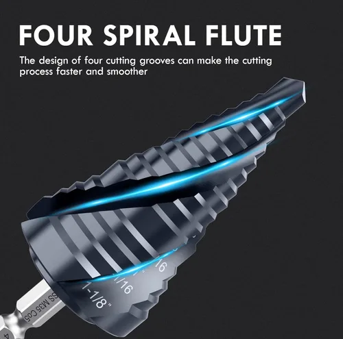 Vista 3 de Broca de cuatro Sprial Flauta M35 de cobalto, 1/4"-1-1/8" Ultra TiAIN recubierta Unibit broca, broca de vástago hexagonal de 1/4" para metal, acero
