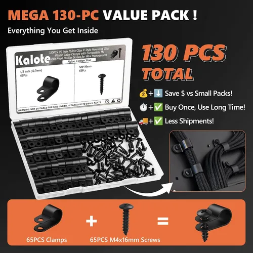 Vista 3 de 130PCS 1/2" Negro Nylon Cable Abrazaderas Set con Tornillos para Gestión de 130 unidades de 1/2 pulgada Blak