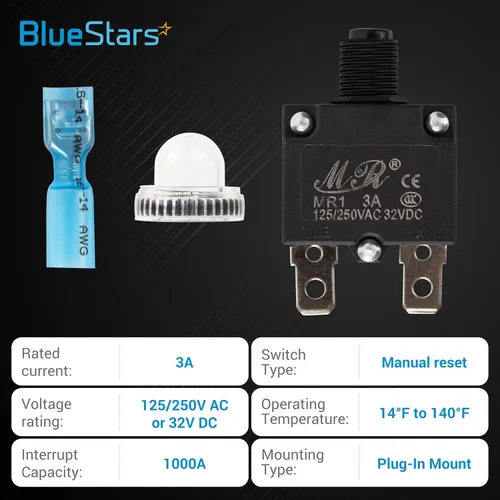 Vista 3 de BlueStars Paquete de 5 disyuntores térmicos de 3 amperios 125/250 V CA 32 V CC, protector de sobrecarga con botón de reinicio manual, terminales