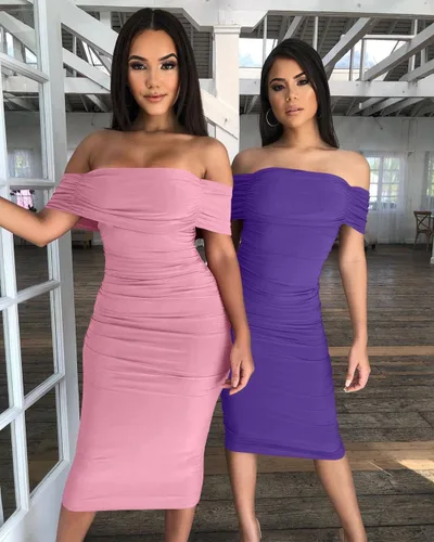 Vista 7 de GOBLES Vestido elegante de cóctel para mujer, fruncido, hombros desnudos, manga corta, ajustado, largo hasta pantorrillas, para fiesta
