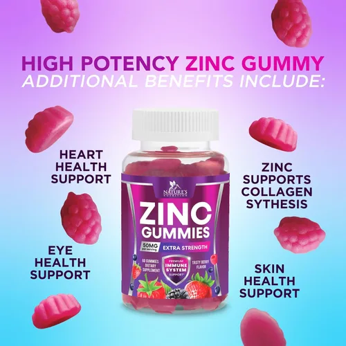 Vista 6 de Gomitas de zinc – 50 mg de zinc por porción, gomitas de apoyo inmunológico para la piel y los huesos – Antioxidante masticable de alta calidad
