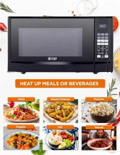 Vista 2 de COMMERCIAL CHEF Microondas de 1.4 pies cúbicos con 10 niveles de potencia, microondas pequeño con botón pulsador, microondas de 1100 vatios
