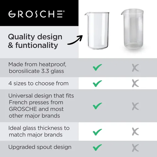 Vista 3 de GROSCHE Vaso universal de vidrio de repuesto para prensa francesa, jarra de vidrio de borosilicato 3.3 para café y té, resistente al calor, se