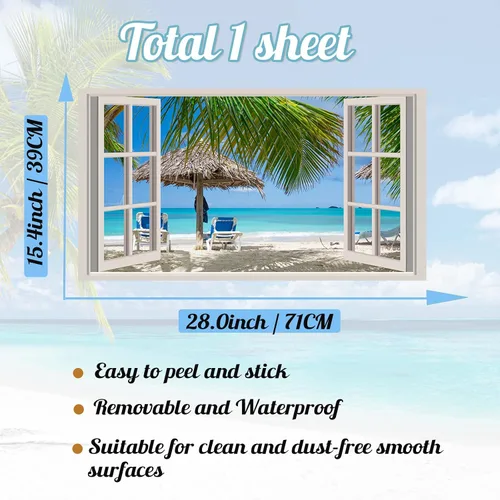 Vista 7 de Adhesivo de pared de playa 3D falso para ventanas, calcomanías de pared de paisaje marino de playa, calcomanías extraíbles 3D para paredes de Blue