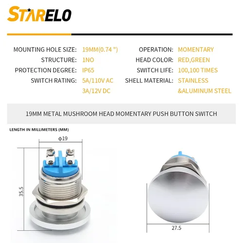 Vista 2 de STARELO Interruptor de botón momentáneo de 0.79 pulgadas, cabeza de hongo de metal de acero inoxidable IP65, resistente al agua, 2 pines, SPST, 1NO
