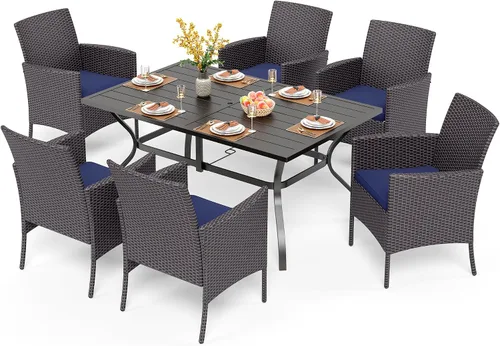 Vista 13 de PHI VILLA Juego de comedor al aire libre de 7 piezas para 6, mesa rectangular de hierro forjado de 152 cm con orificio para sombrilla y sillas