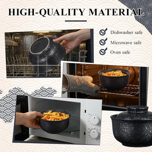 Vista 5 de SiliFine Juego de 2 cuencos de cerámica para ramen con tapa, olla de arcilla para microondas de 25 onzas, vajilla tradicional japonesa, olla