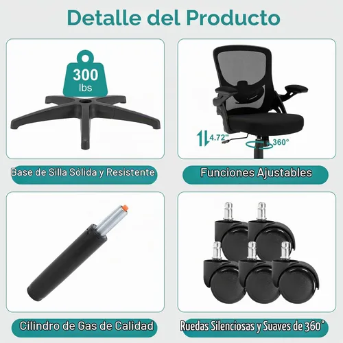 Vista 7 de Silla de oficina, silla de escritorio ergonómica con soporte lumbar ajustable, silla de computadora de malla transpirable con reposabrazos