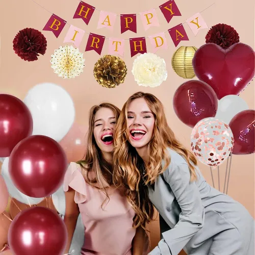 Vista 5 de Decoraciones de cumpleaños para mujer, decoraciones de fiesta de cumpleaños rosa con globos blancos, pancarta de feliz cumpleaños para despedida