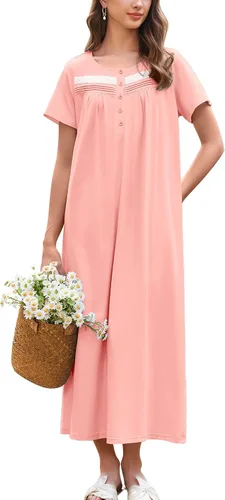 Vista 19 de Ekouaer Camisón para Mujeres de Algodón Camisón Largo de Noche Camisón de Manga Corta con Bolsillos Camisón con Botones Ropa de Dormir Suave
