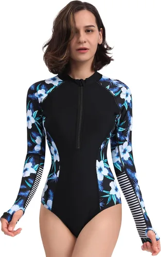 Vista 4 de YOLIPULI Traje de baño de una pieza de manga larga para mujer, protección UV, traje de baño de surf